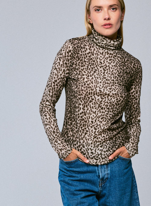 Beige langärmeliges Rollkragen-T-Shirt aus Bio-Baumwolle / Kaschmir - MAJESTIC FILATURES