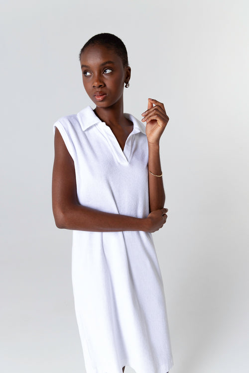 Ärmelloses Kleid mit tunesischem Kragen aus Bio-Baumwolle/Polyamid in Weiß - MAJESTIC FILATURES