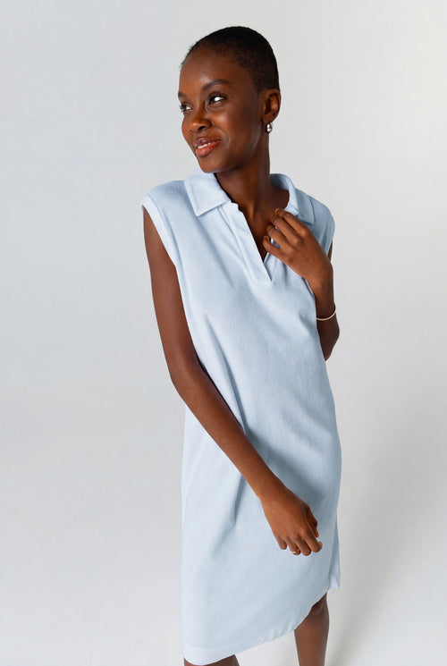 Blue Calanques Tunisian Collar Sleeveless Dress in Organic Cotton / Polyamide - MAJESTIC FILATURES