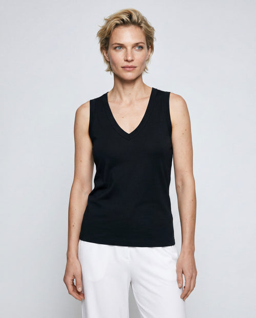 Camiseta sin mangas negra con cuello en V de algodón orgánico/seda - MAJESTIC FILATURES