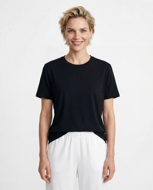 Camiseta negra de cuello redondo y manga corta de algodón orgánico/seda - MAJESTIC FILATURES