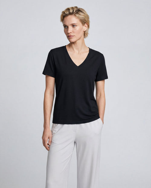 T-shirt Noir Col V Manches Courtes en Coton organique / Soie - MAJESTIC FILATURES