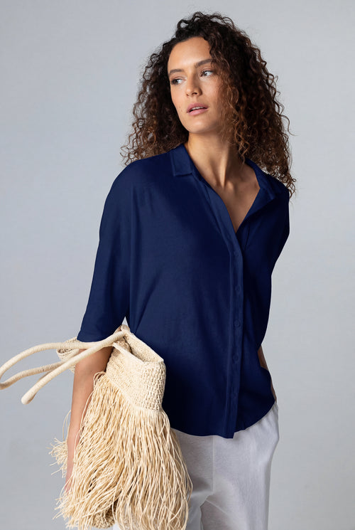 Navy short-sleeved shirt in cotton / linen - MAJESTIC FILATURES