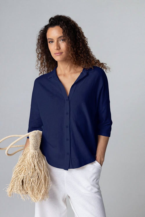 Navy short-sleeved shirt in cotton / linen - MAJESTIC FILATURES