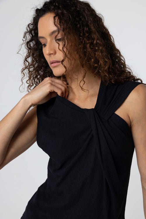 Camiseta sin mangas negra con cuello anudado de algodón/lino - MAJESTIC FILATURES