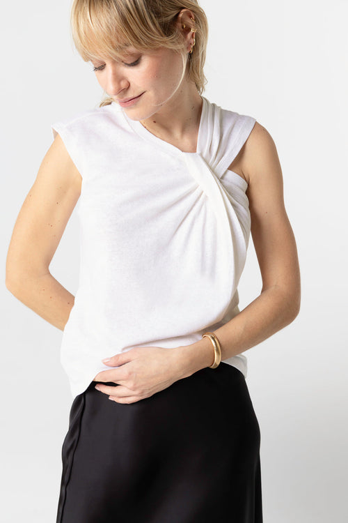 Ärmelloses Tanktop mit Knotenausschnitt aus Baumwolle/Leinen in Weiß - MAJESTIC FILATURES