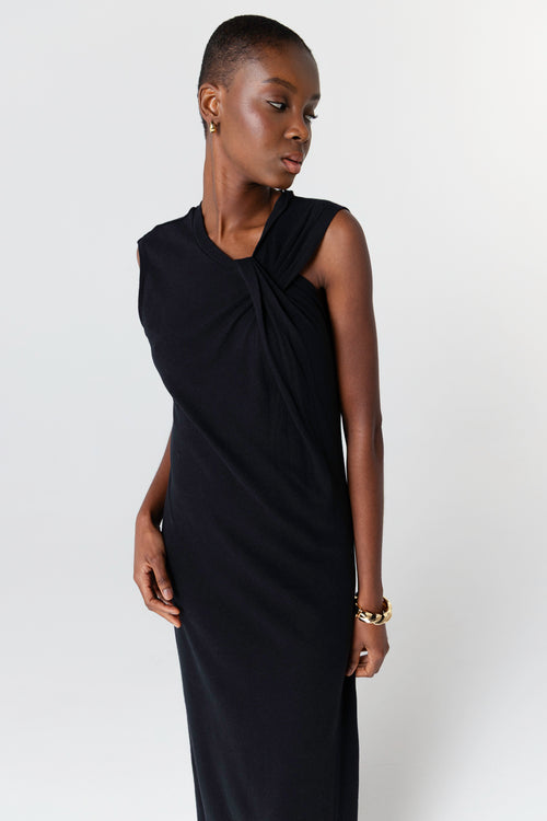 Robe Noir Col Noué Sans Manches en Coton / Lin - MAJESTIC FILATURES