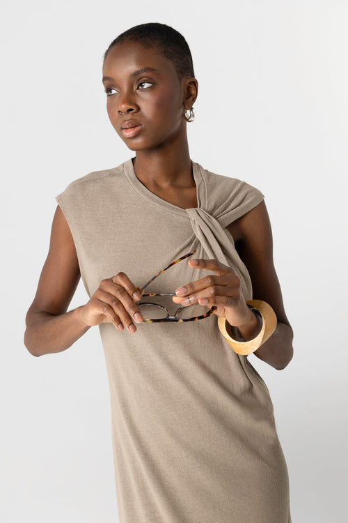 Robe Coffee Latte Col Noué Sans Manches en Coton / Lin - MAJESTIC FILATURES