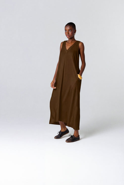 Vestido Tonka sin mangas con cuello en V de algodón y lino - MAJESTIC FILATURES