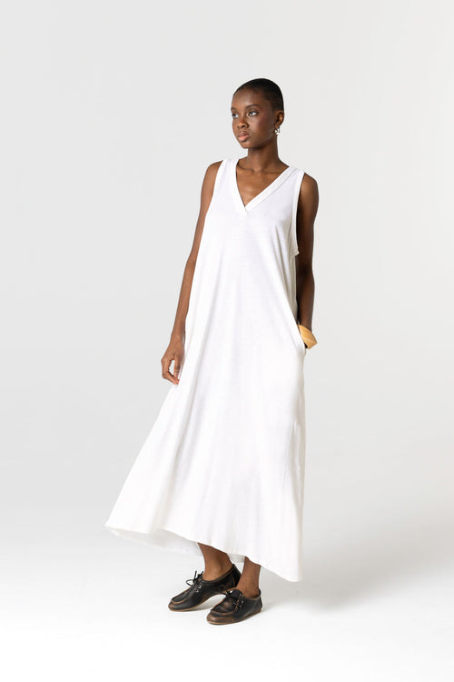 Robe Blanche Col V Sans Manches en Coton / Lin - MAJESTIC FILATURES