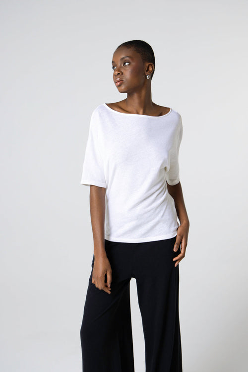 T-shirt Blanc Col Bateau Manches Courtes en Coton / Lin - MAJESTIC FILATURES