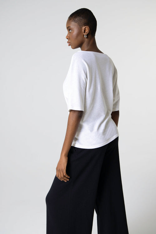 T-shirt Blanc Col Bateau Manches Courtes en Coton / Lin - MAJESTIC FILATURES