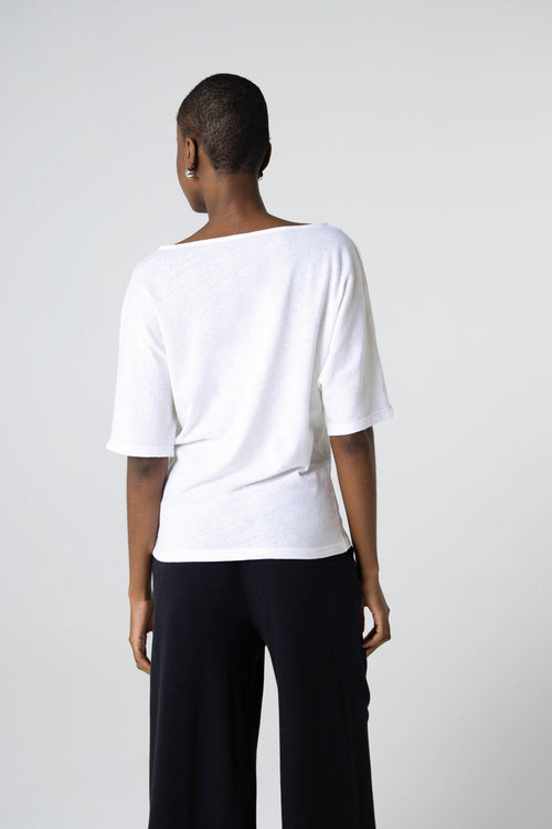 T-shirt Blanc Col Bateau Manches Courtes en Coton / Lin - MAJESTIC FILATURES
