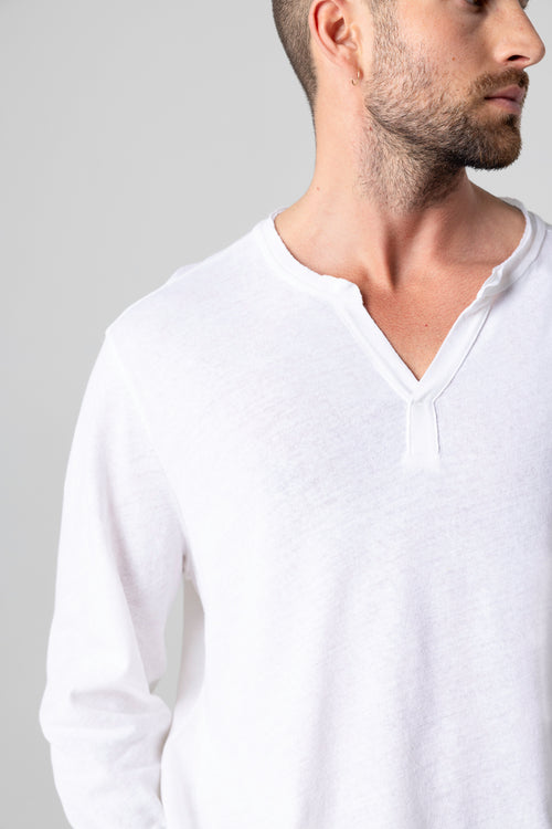 Tunesisches Langarmhemd aus Baumwolle/Leinen in Weiß - MAJESTIC FILATURES