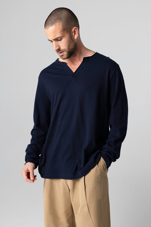 Langärmeliges tunesisches Hemd aus Baumwolle/Leinen in Marineblau - MAJESTIC FILATURES