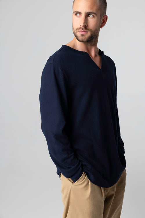 Langärmeliges tunesisches Hemd aus Baumwolle/Leinen in Marineblau - MAJESTIC FILATURES