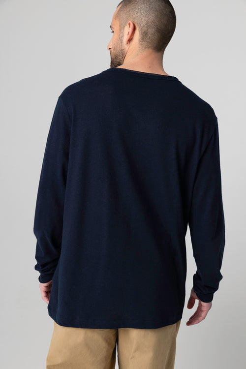 Langärmeliges tunesisches Hemd aus Baumwolle/Leinen in Marineblau - MAJESTIC FILATURES