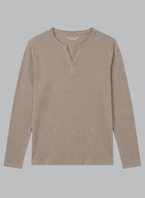 Long-Sleeve Cotton/Linen Tunisian Shirt in Coffee Latte - MAJESTIC FILATURES