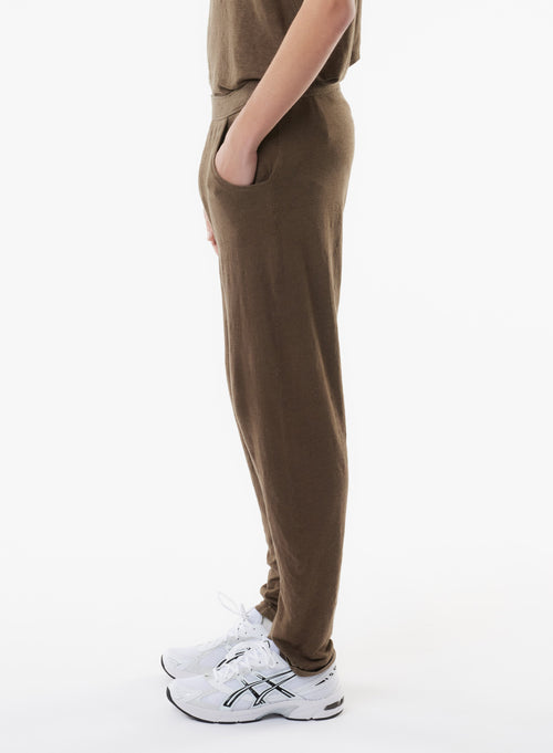 Pantalon Marron en Lin / Elasthanne - MAJESTIC FILATURES