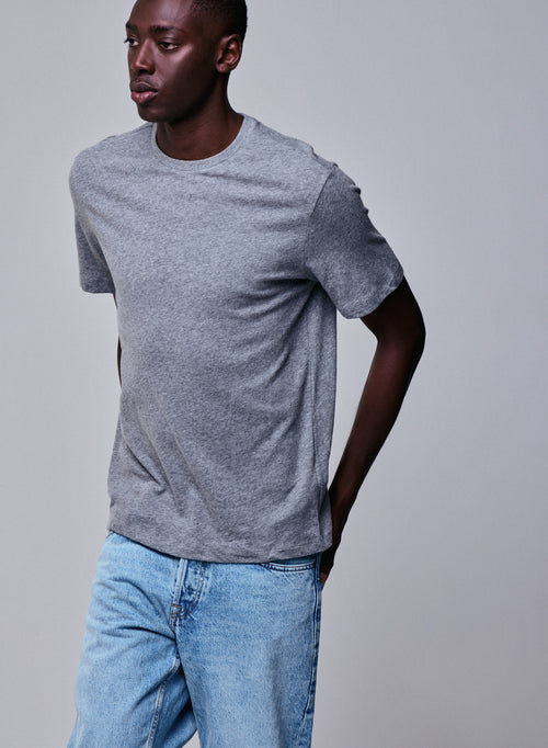 T-shirt Gris Col Rond Manches Courtes en Coton / Cachemire - MAJESTIC FILATURES