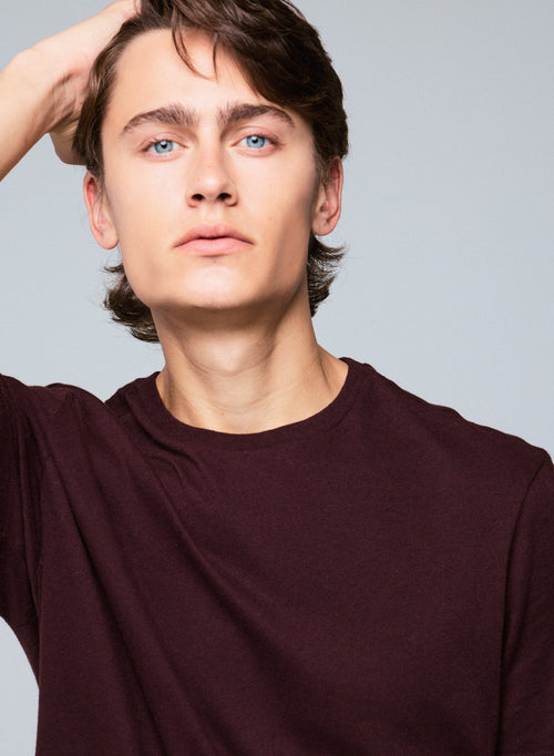 T-shirt Aubergine Col Rond Manches Courtes en Coton et Cachemire - MAJESTIC FILATURES