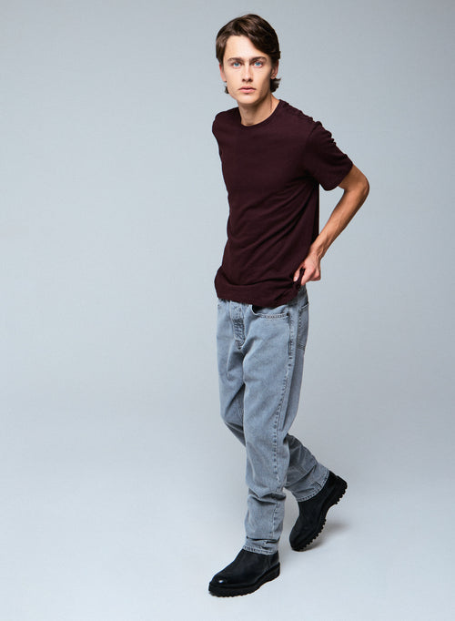 T-shirt Aubergine Col Rond Manches Courtes en Coton et Cachemire - MAJESTIC FILATURES