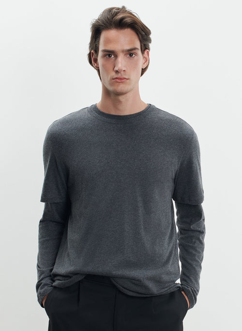 Anthrazit-gesprenkeltes Rundhals-Kurzarm-T-Shirt aus Baumwolle / Kaschmir - MAJESTIC FILATURES
