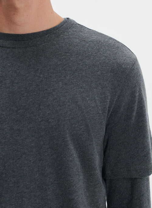 Anthrazit-gesprenkeltes Rundhals-Kurzarm-T-Shirt aus Baumwolle / Kaschmir - MAJESTIC FILATURES