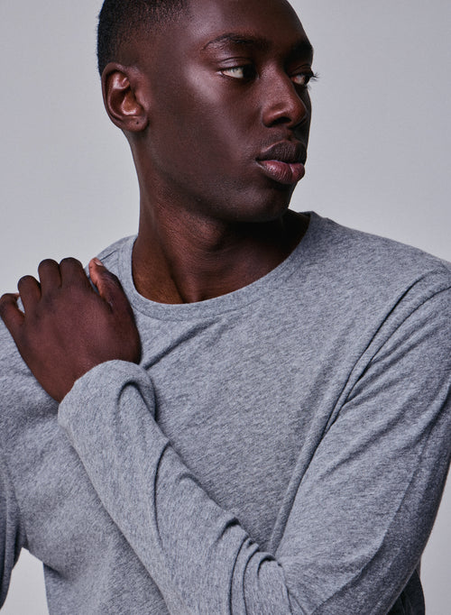 Grey Round Neck Long Sleeve T-shirt in Cotton / Cashmere - MAJESTIC FILATURES