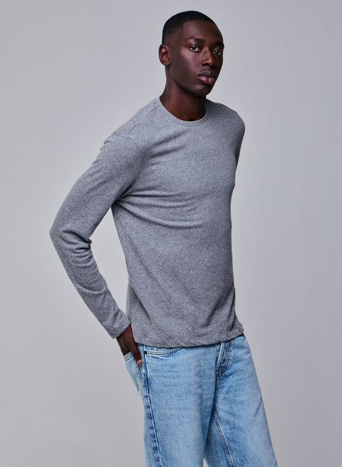 Grey Round Neck Long Sleeve T-shirt in Cotton / Cashmere - MAJESTIC FILATURES