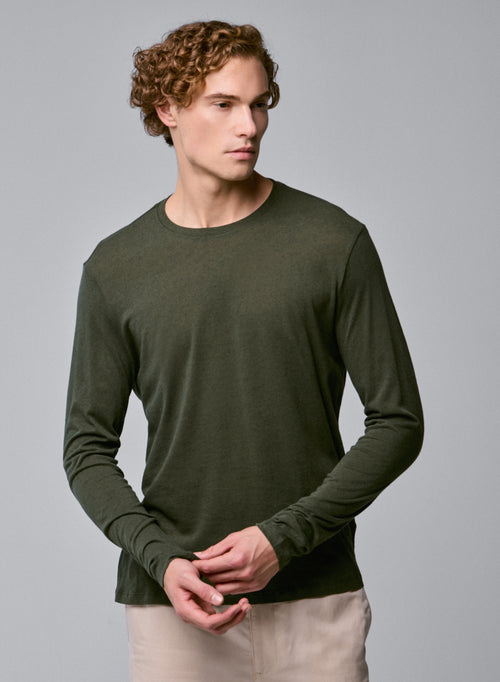 T-shirt Vert Col Rond Manches Longues en Coton / Cachemire - MAJESTIC FILATURES