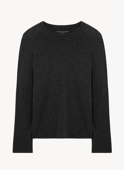 Anthracite mottled Round Neck Long Sleeve T-shirt in Cotton / Cashmere - MAJESTIC FILATURES