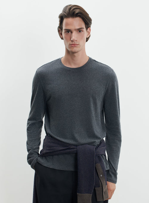 Anthracite mottled Round Neck Long Sleeve T-shirt in Cotton / Cashmere - MAJESTIC FILATURES