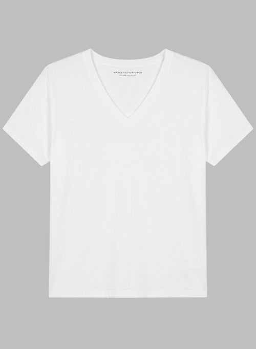 T-Shirt mit V-Ausschnitt und kurzen Ärmeln aus Bio-Baumwolle in Weiß - MAJESTIC FILATURES