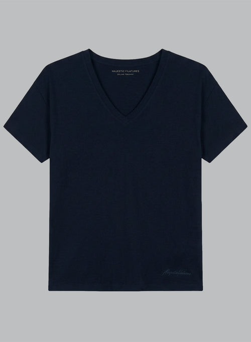 Navy V-neck Short-Sleeve Organic Cotton T-shirt - MAJESTIC FILATURES