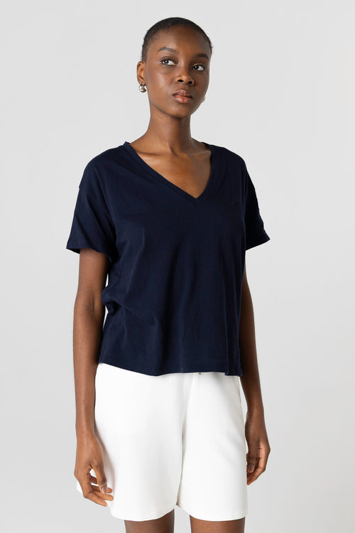 T-shirt Marine Col V Manches Courtes en Coton Organique - MAJESTIC FILATURES