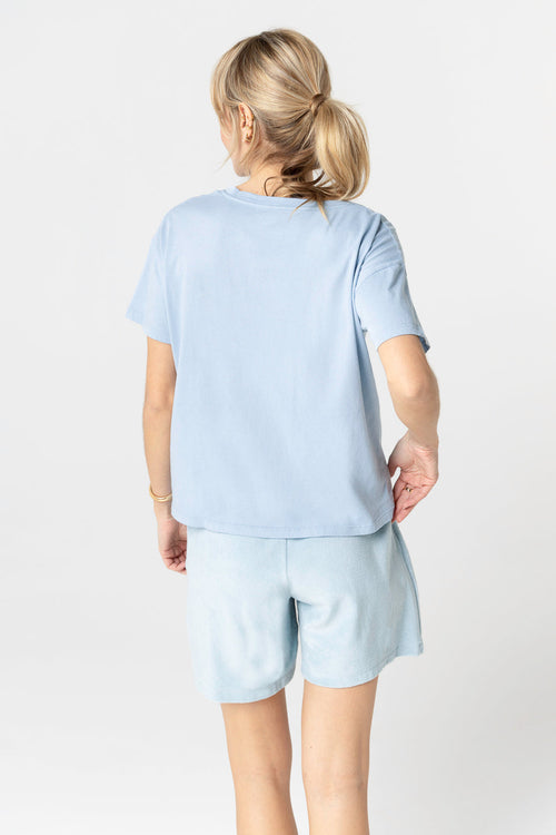 T-Shirt mit V-Ausschnitt und kurzen Ärmeln aus Bio-Baumwolle in Blau Calanques  - MAJESTIC FILATURES