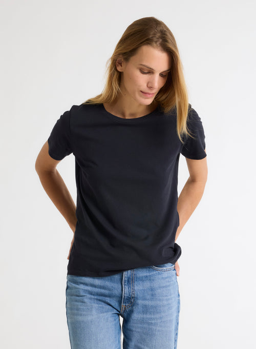 T-shirt Marine Polly Col Rond Manches Courtes en Coton - MAJESTIC FILATURES