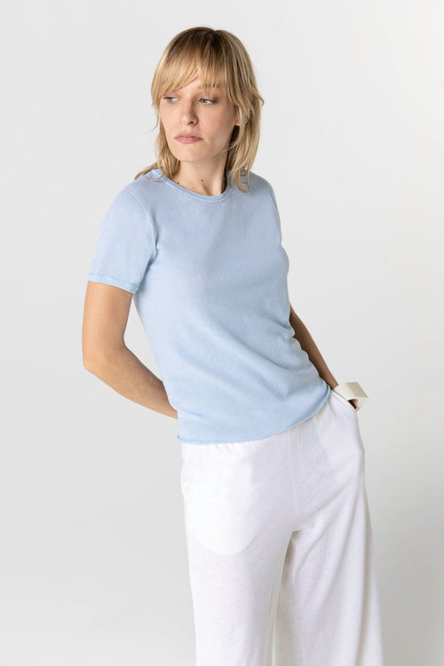 T-shirt Bleu Calanques Col Rond Manches Courtes en Coton organique - MAJESTIC FILATURES