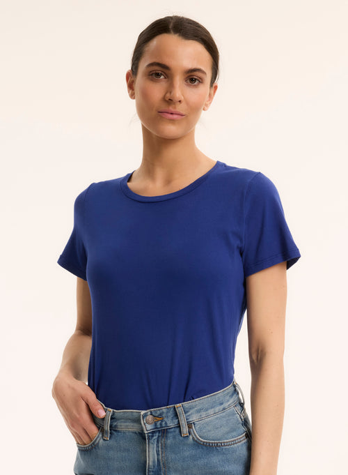 Tee shirt Bleu Col Rond Manches Courtes - MAJESTIC FILATURES