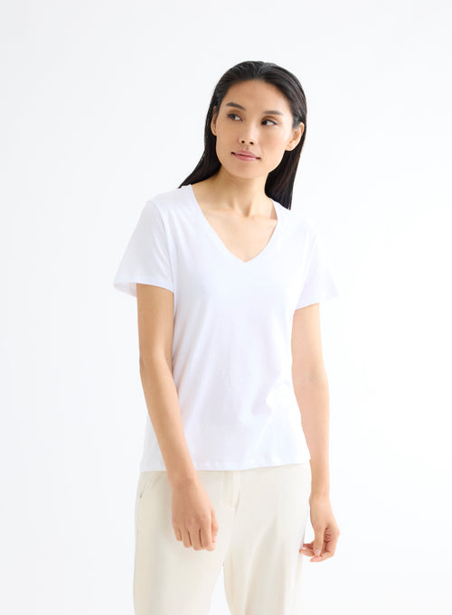 T-shirt Blanc Patty col V manches courtes en Coton - MAJESTIC FILATURES