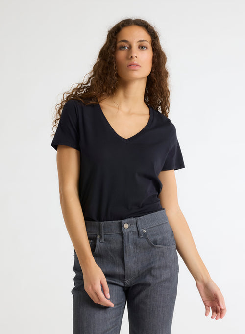 T-shirt Noir Patty col V manches courtes en Coton - MAJESTIC FILATURES