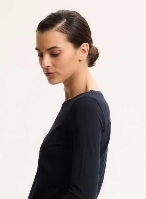 Navy T-shirt 3/4 Sleeves Boat Neck in Organic Cotton - MAJESTIC FILATURES