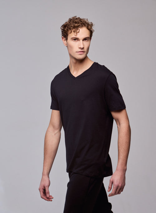 T-shirt Noir Paul Col V Manches Courtes en Coton - MAJESTIC FILATURES