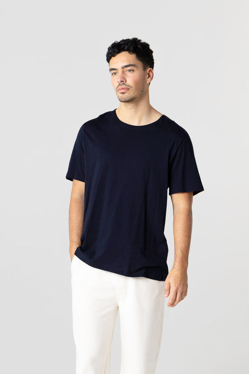 T-shirt Marine Col Rond Manches Courtes en Coton organique - MAJESTIC FILATURES
