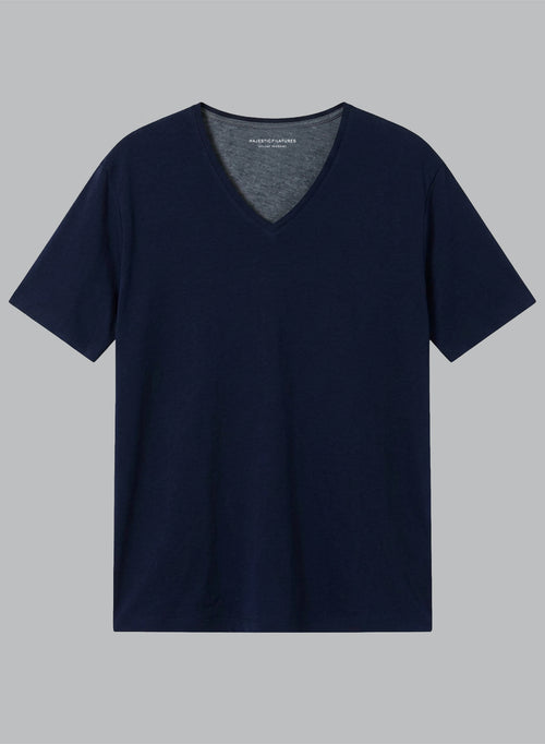 Navy V-neck Short-Sleeve Organic Cotton T-shirt - MAJESTIC FILATURES