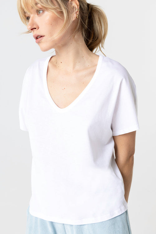 T-shirt Blanc Col V Manches Courtes en Coton Supima - MAJESTIC FILATURES