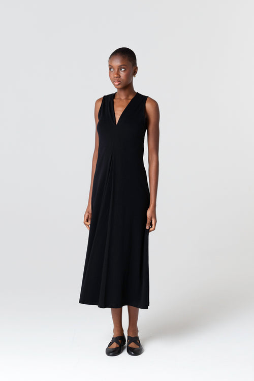 Black V-neck sleeveless dress in Supima cotton - MAJESTIC FILATURES