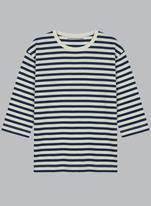 Navy Boatneck Three-Quarter Sleeve T-shirt in Cotton / Linen - MAJESTIC FILATURES