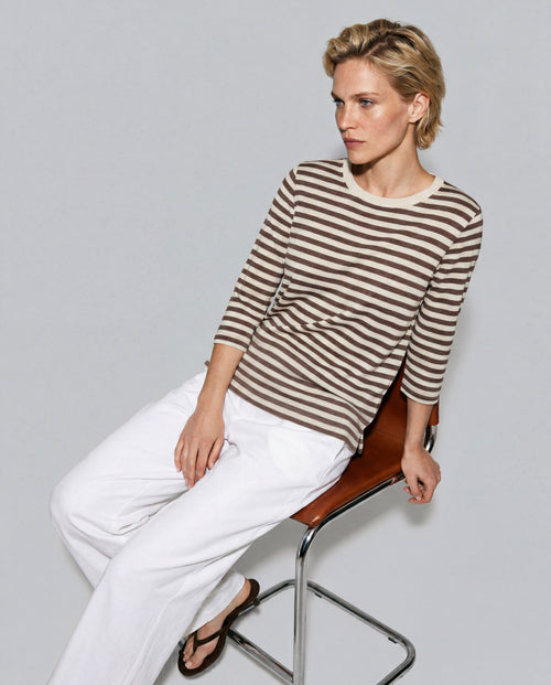 T-shirt Marron Col Bateau Manches Trois quarts en Coton / Lin - MAJESTIC FILATURES